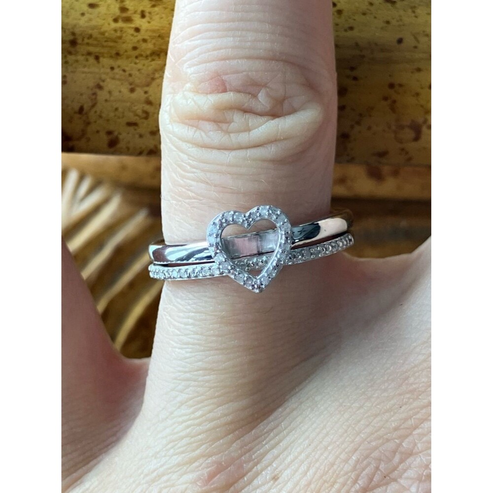 Natural White Diamond Sterling Silver Heart Ring Set Size 7.75
